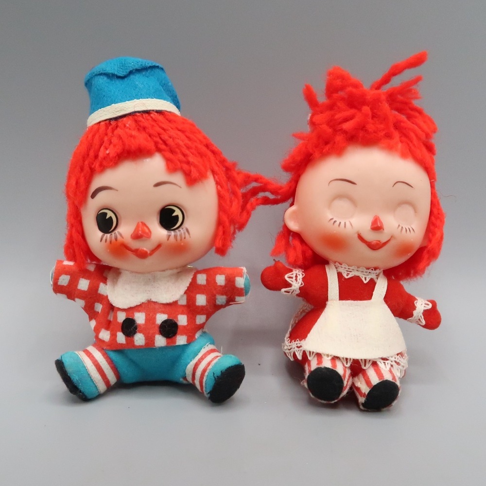 Vintage Raggedy Ann & Andy Ornaments Soft Plastic Made in Japan Set 4"